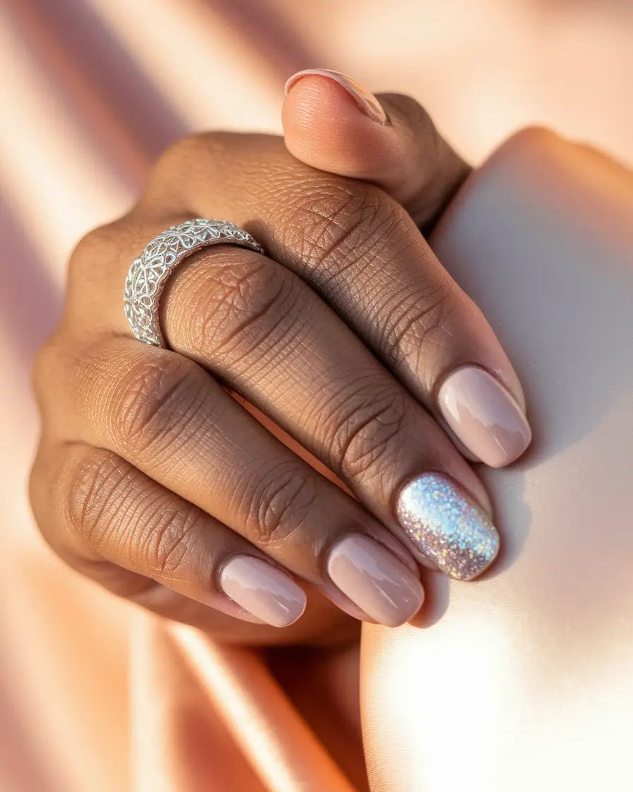 Fall Nail Color Ideas for Women Over 60 Neutral Nude with a Glitter Accent