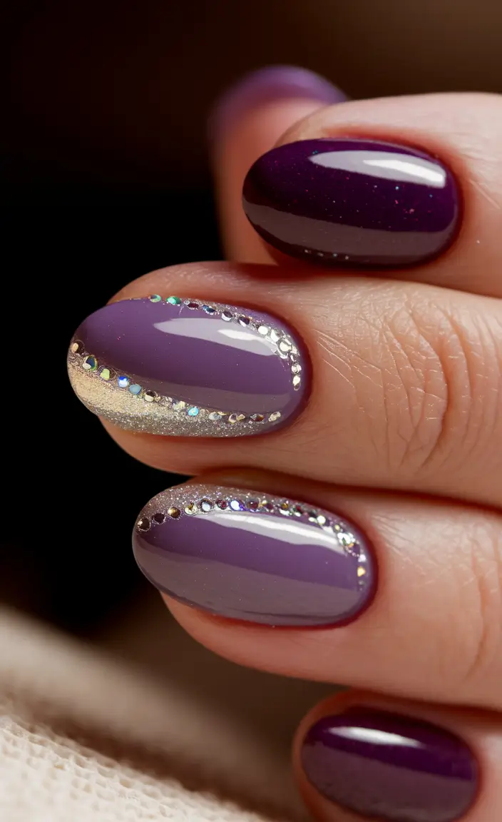 Fall Nail Color Ideas for Women Over 60 Glamorous Purple with Crystal Details