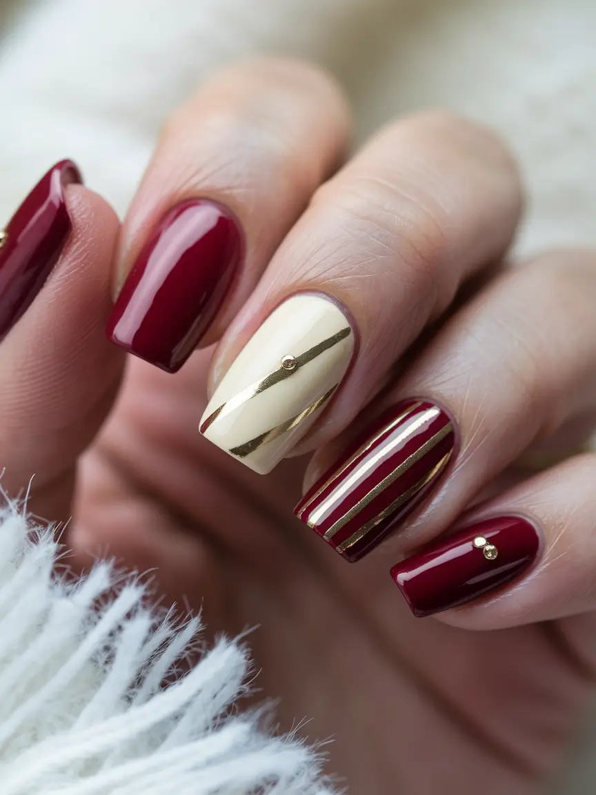 Fall Nail Color Ideas for Women Over 60 Red and Gold Holiday Stripes