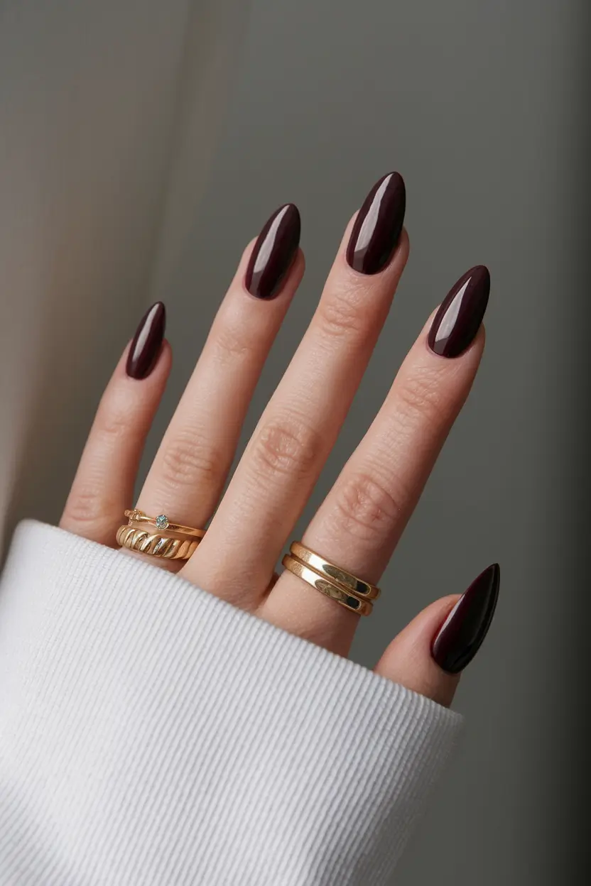 Fall Nail Color Ideas for Women Over 60 Deep Wine Drama on Almond Nails