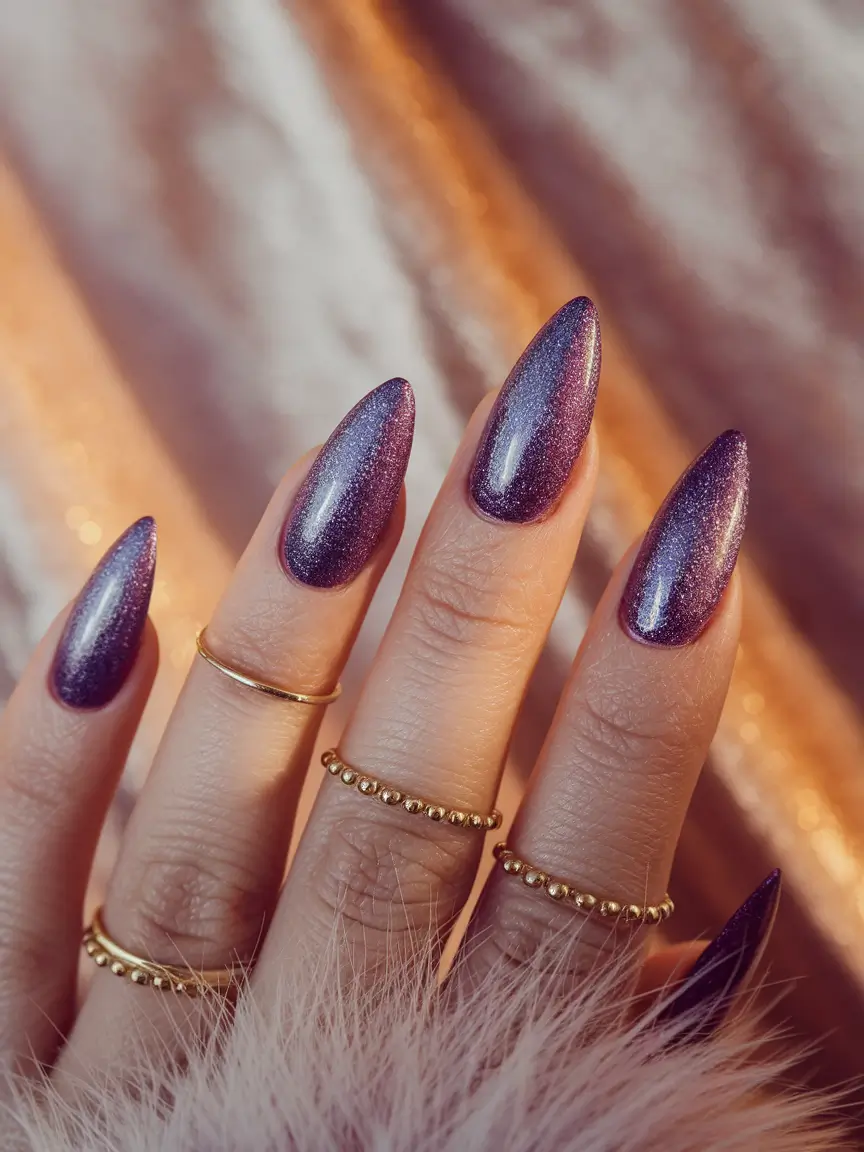 Fall Nail Color Ideas for Women Over 60 Shimmering Purple Stiletto Glam