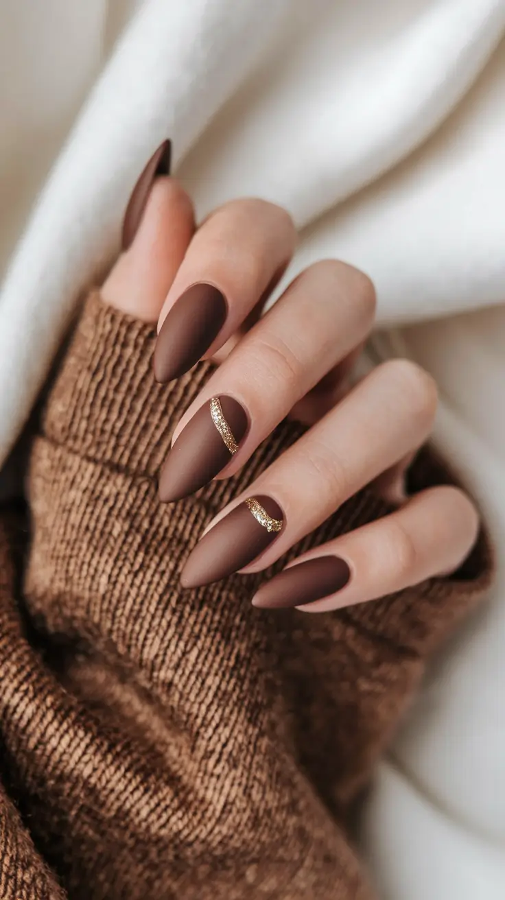 Fall Nail Color Ideas for Women Over 60 Matte Chocolate with Golden Details