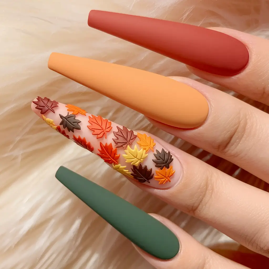 fall 3d nail art Matte Forest Shades with Autumn Leaves