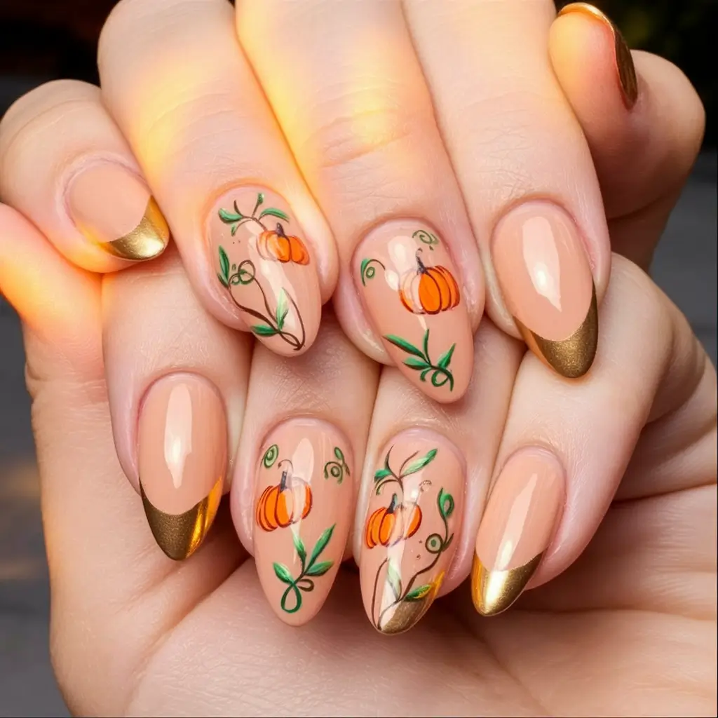 fall 3d nail art Pumpkin Patch with Golden Tips