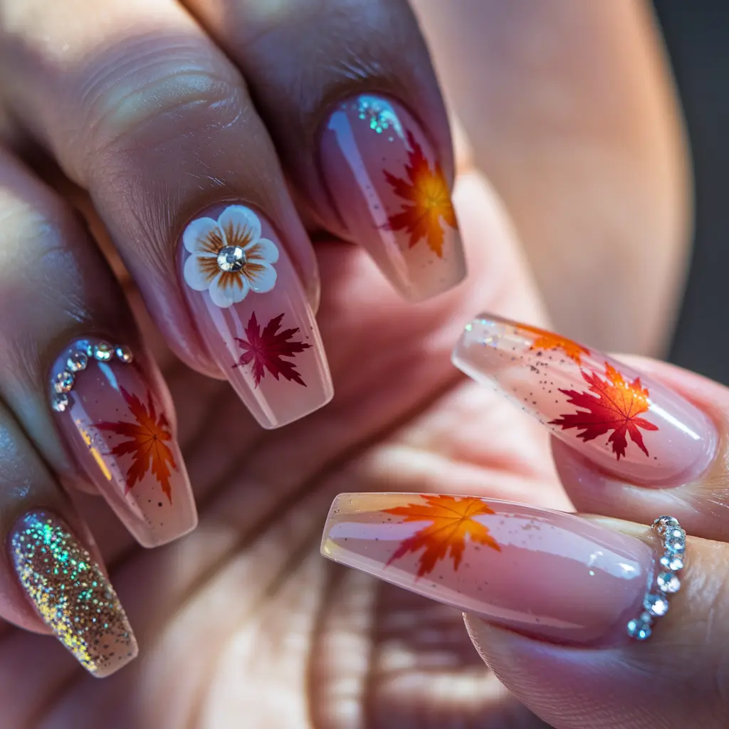 fall 3d nail art Shimmering Leaves with Delicate Florals