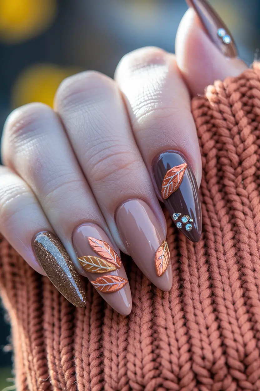 fall 3d nail art Earthy Browns with Metallic Leaf Accents