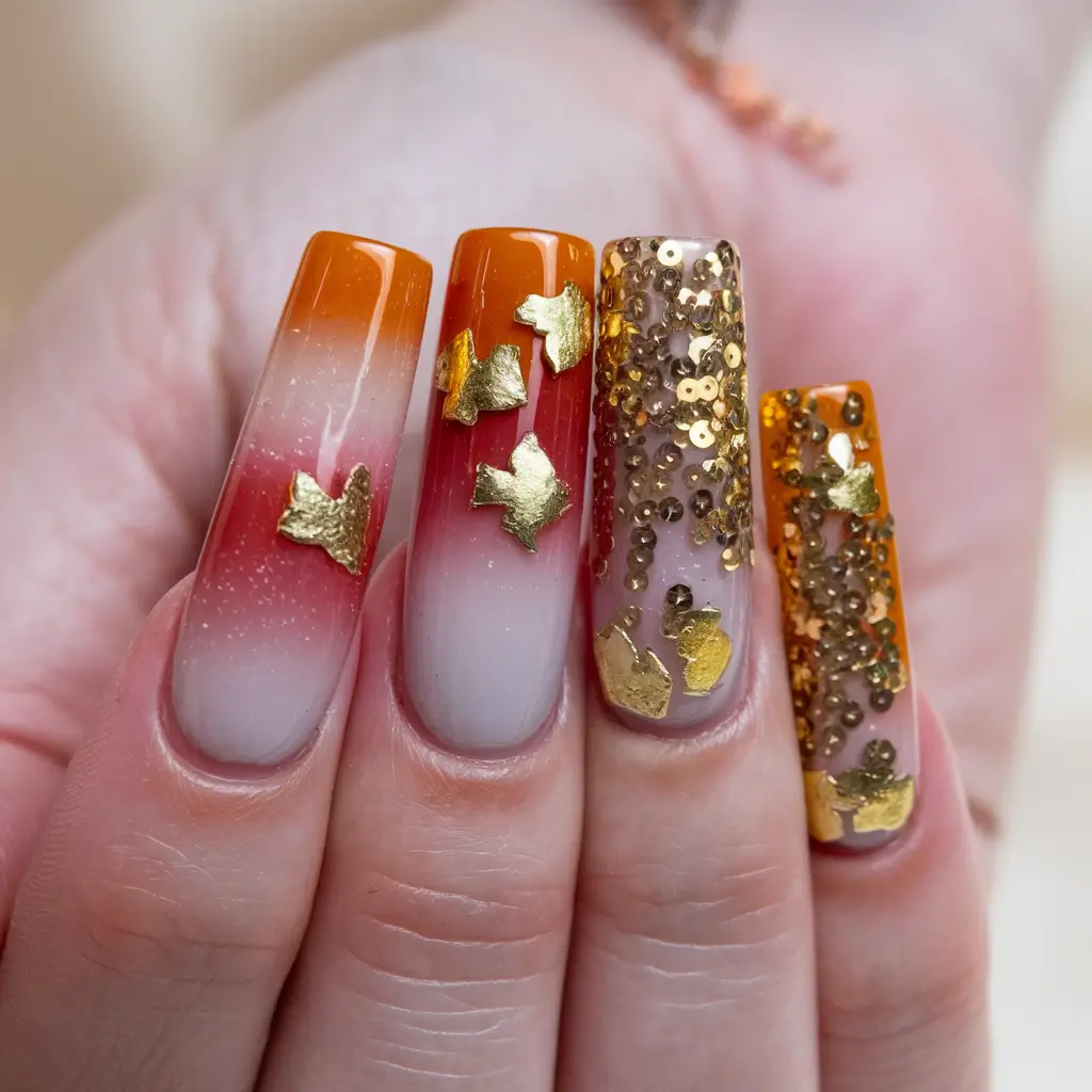 fall 3d nail art Gold Foil Leaves with Ombre Base