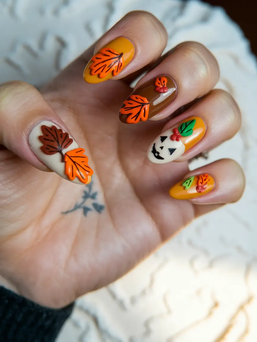 fall 3d nail art Playful Halloween Leaves and Pumpkin Faces