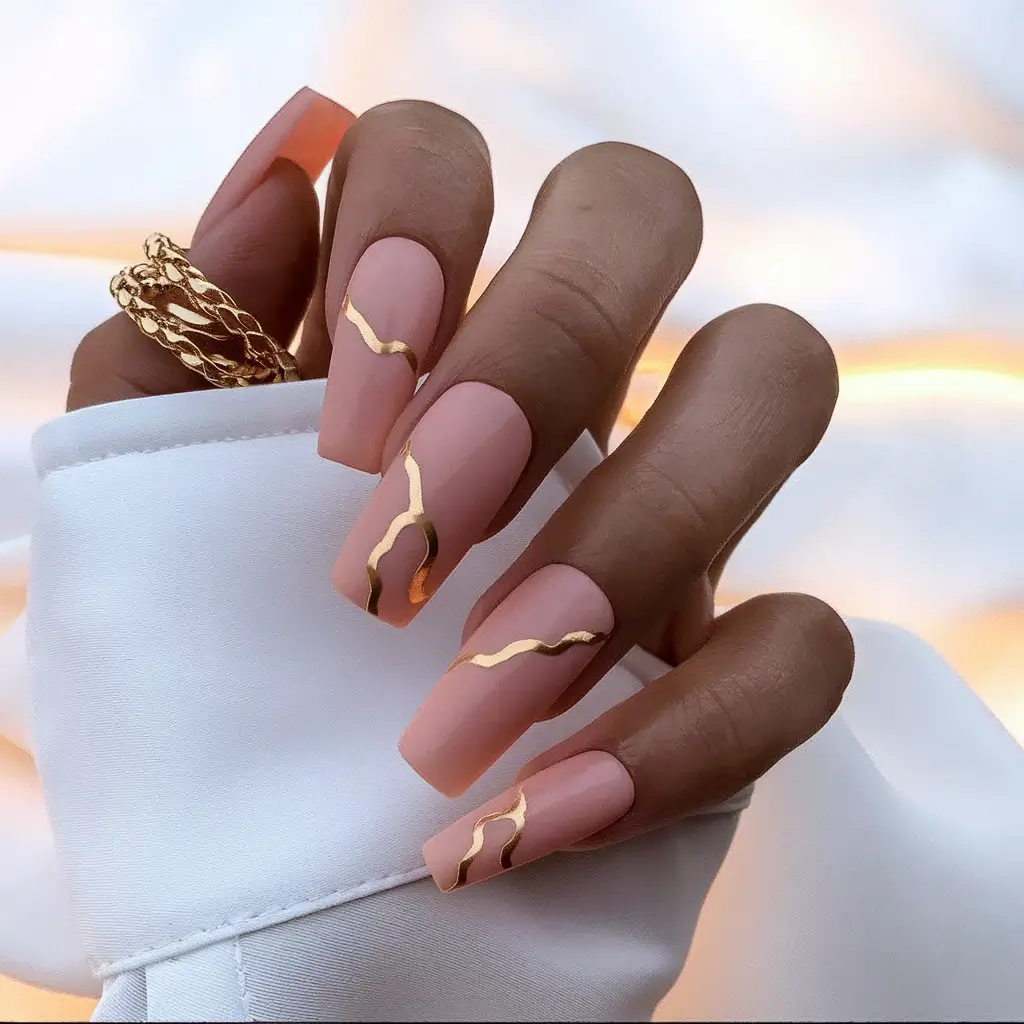 fall 3d nail art Minimal Nude with Golden Waves