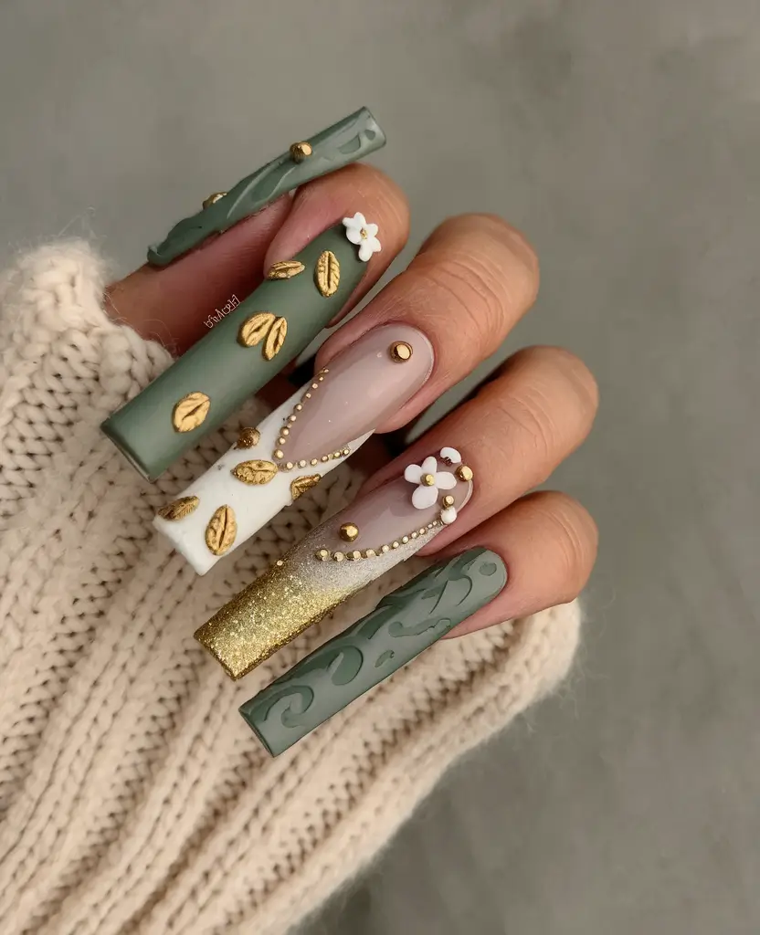 fall 3d nail art Olive Green with Golden Leaves