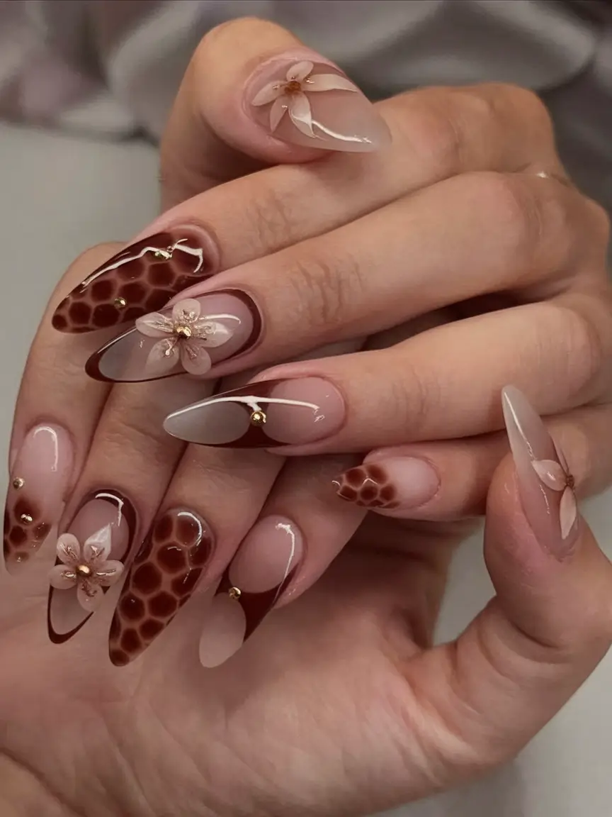 fall 3d nail art Chocolate Petals and Subtle Patterns