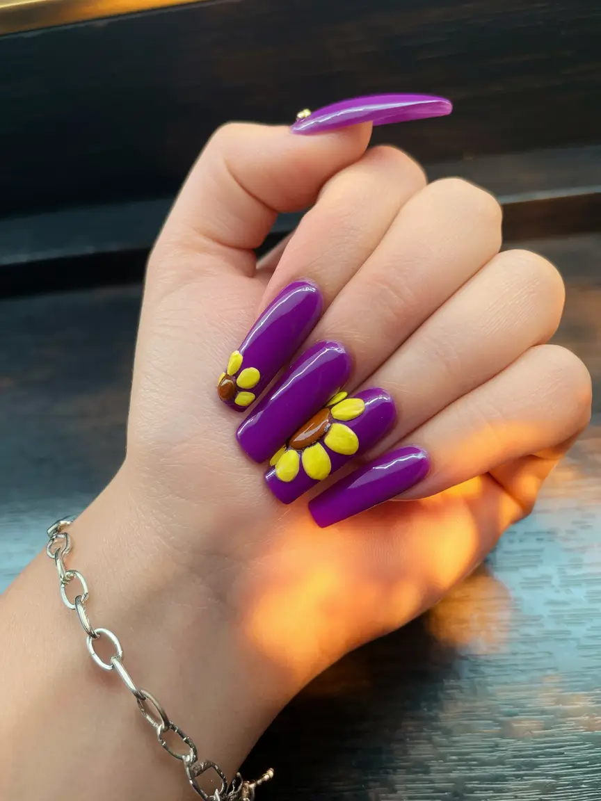 fall 3d nail art Playful Violet with Oversized Daisies