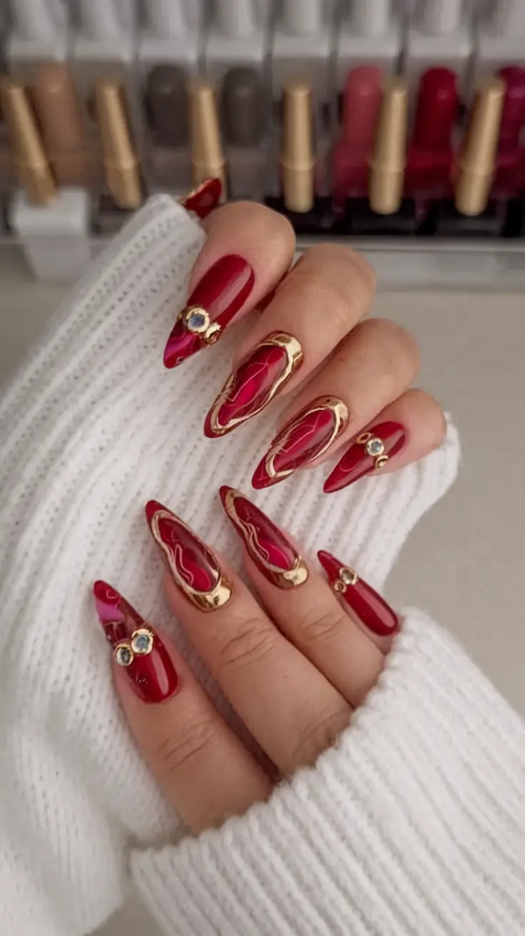 fall 3d nail art Velvety Red with Golden Borders
