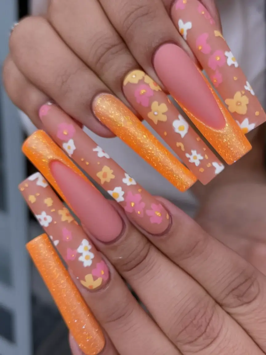 fall 3d nail art Peachy Florals with Glitter Fade