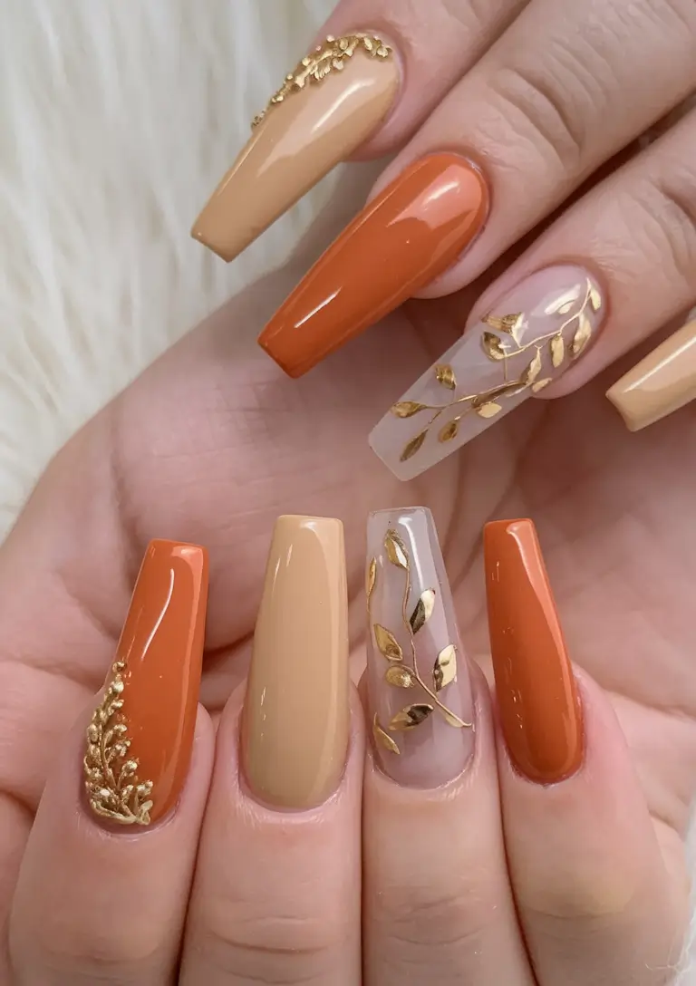 fall 3d nail art Golden Leaves and Warm Neutrals