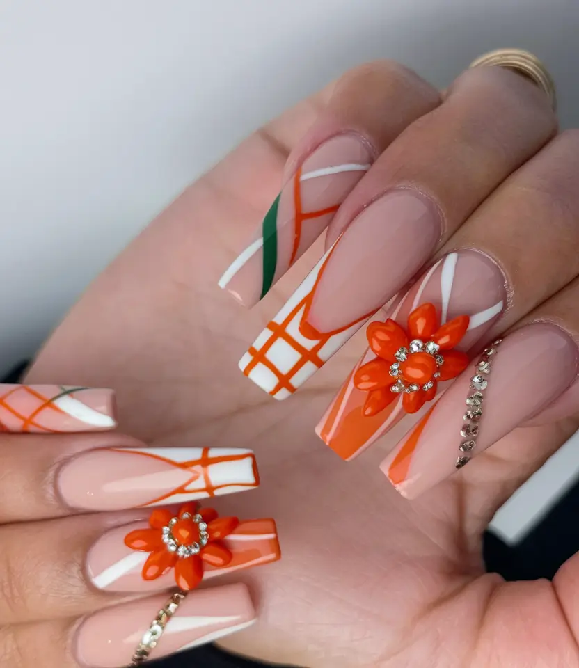 fall 3d nail art Geometric Lines with 3D Blooms
