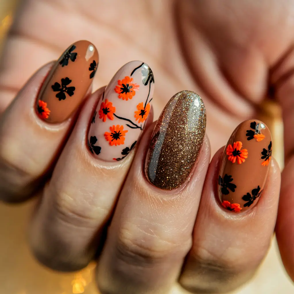 fall 3d nail art Rust and Black Florals with Sparkle