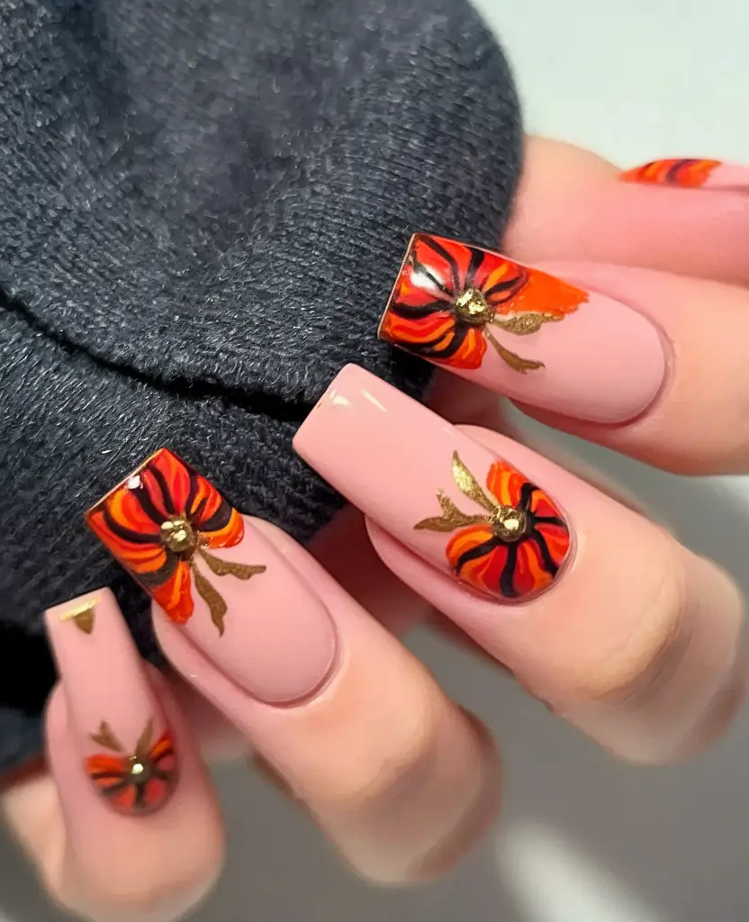 fall 3d nail art Burnt Orange Blooms with Gold Accents