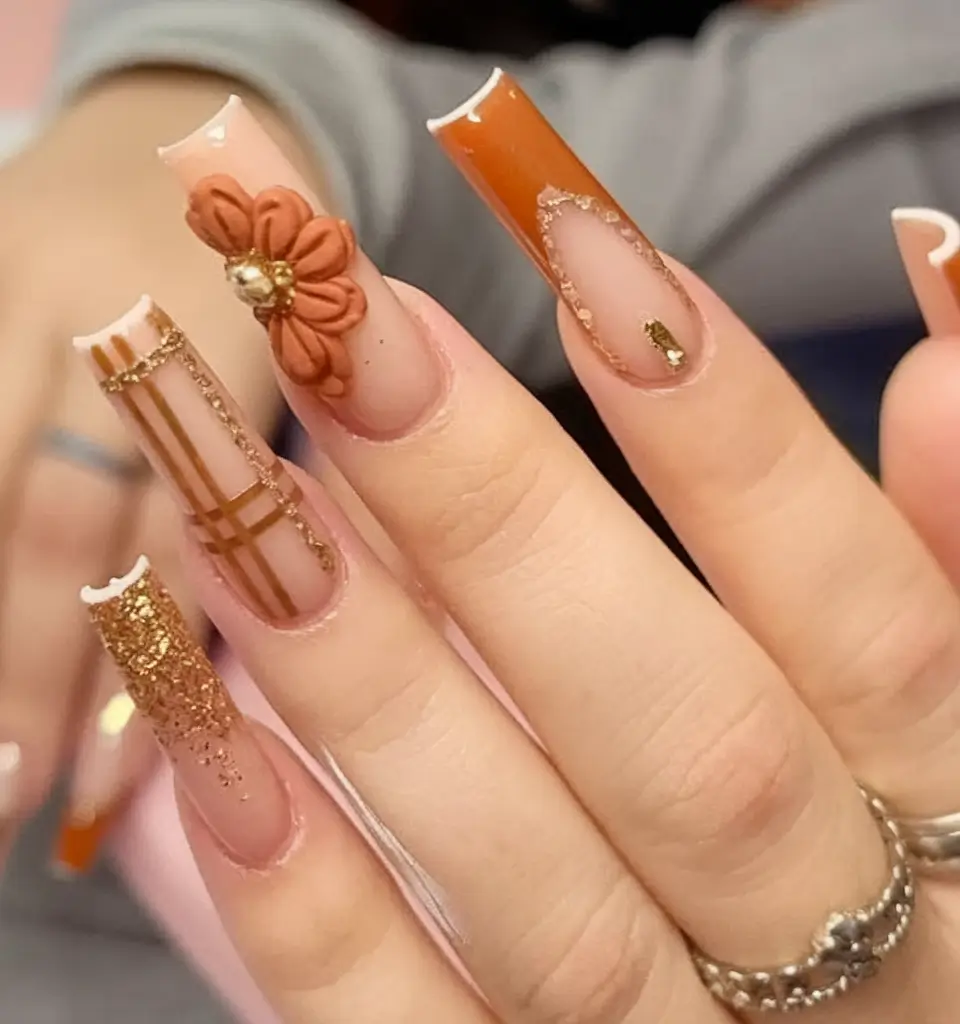 fall 3d nail art Bronze Florals and French-Inspired Details