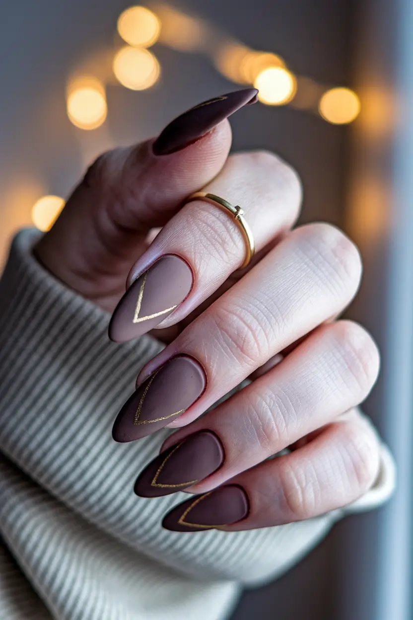 fall almond nails 2025 Matte Mocha with Golden Geometry