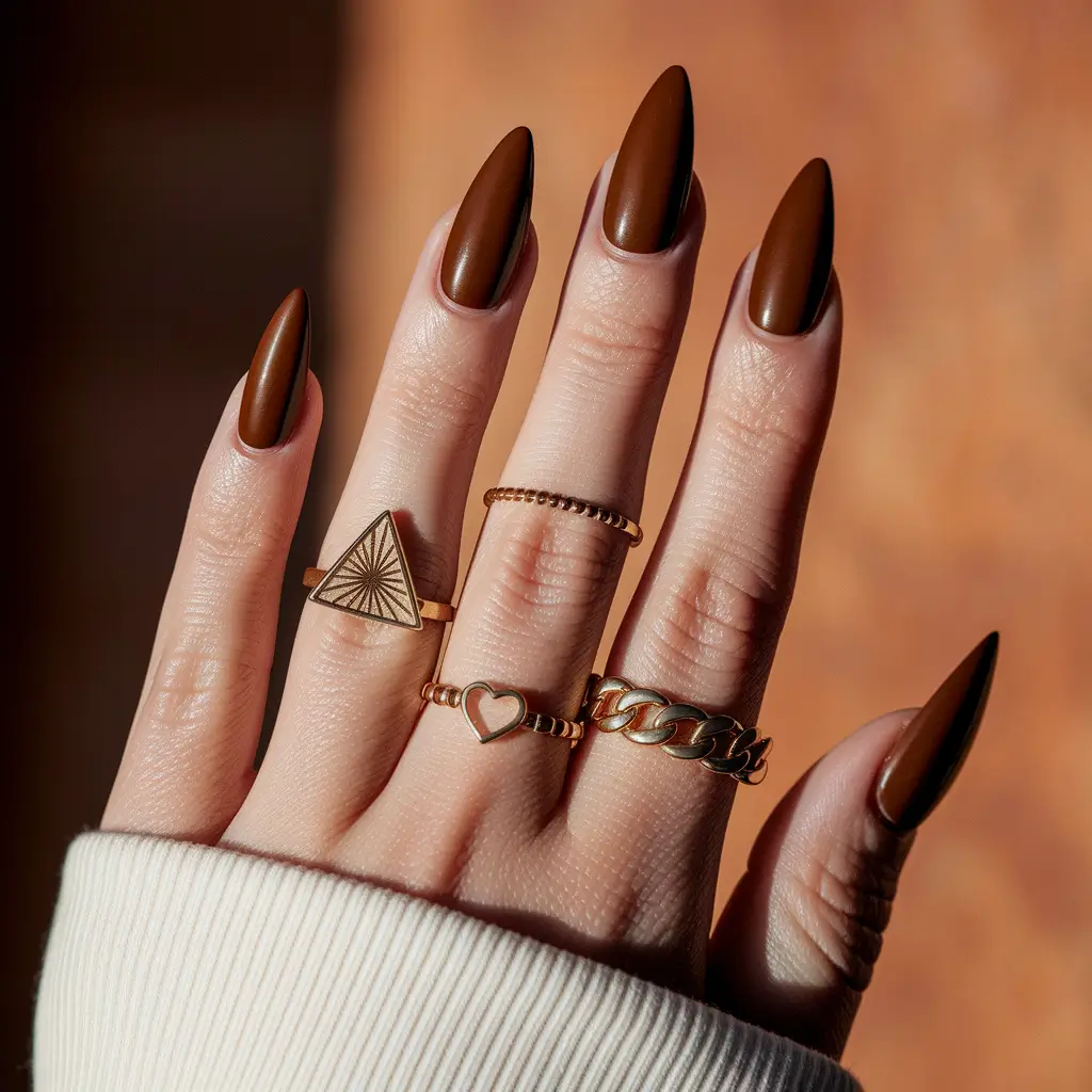 fall almond nails 2025 Glossy Espresso Luxe