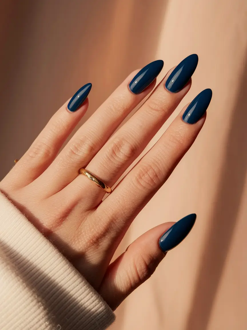 fall almond nails 2025 Inky Midnight Blue
