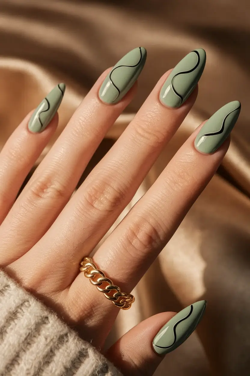 fall almond nails 2025 Sage Swirl Minimalism