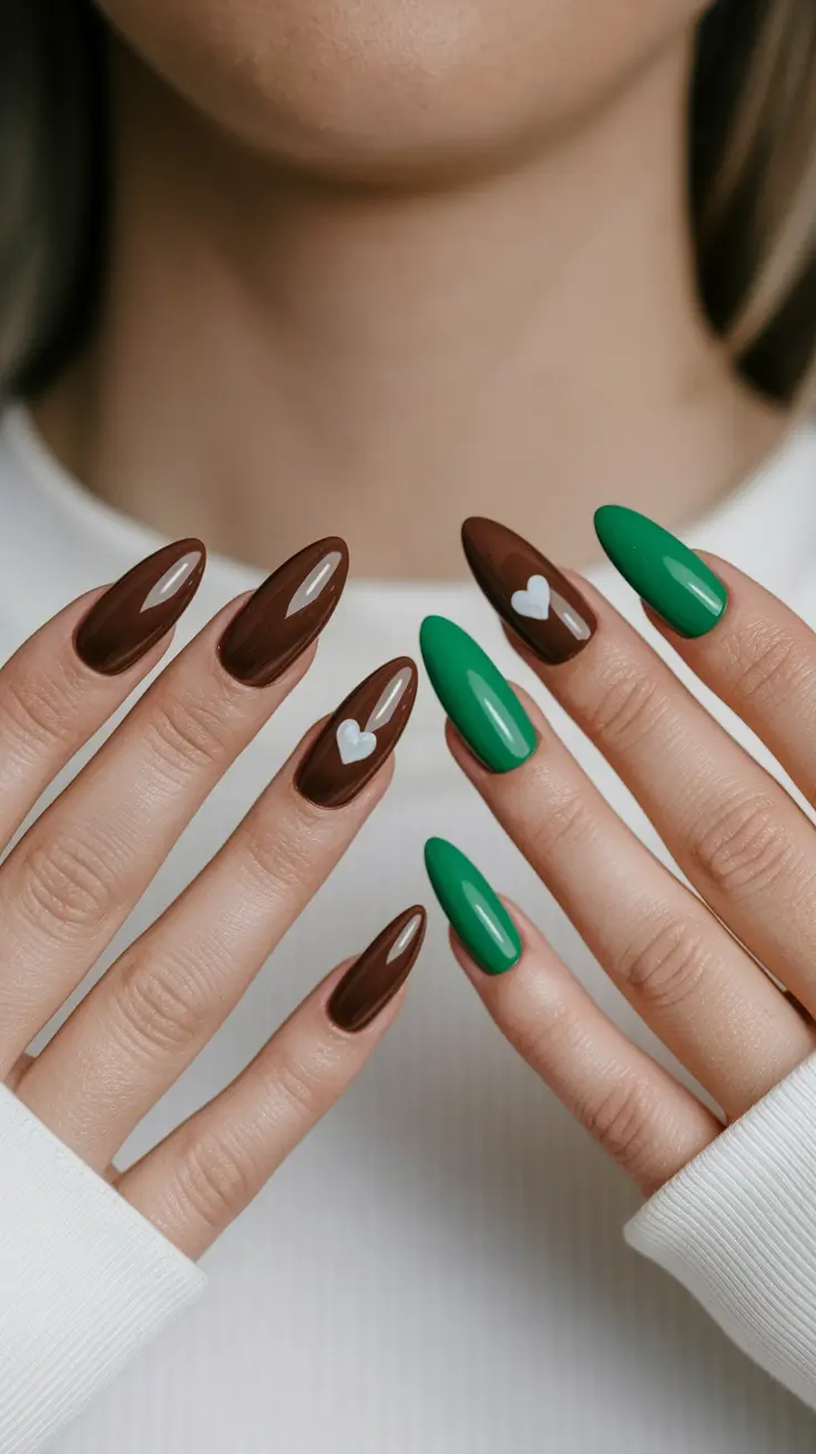 fall almond nails 2025 Chocolate & Emerald Heart Play