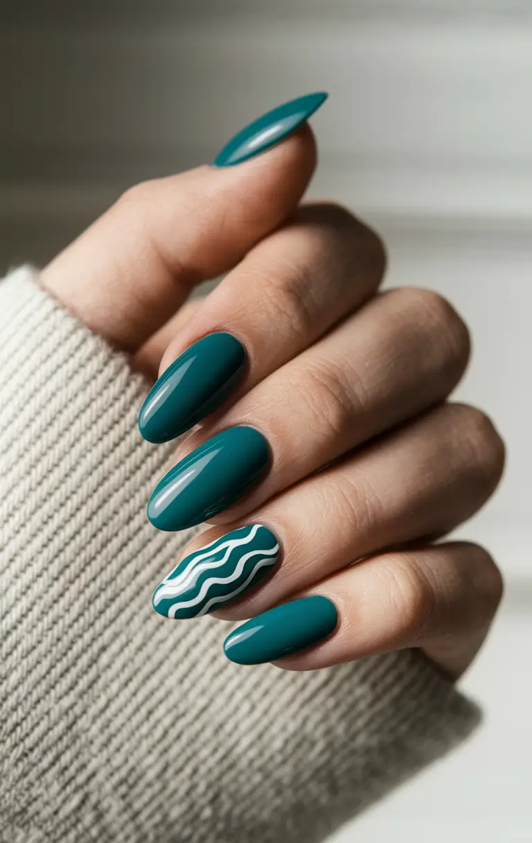 fall almond nails 2025 Teal Wave Accent