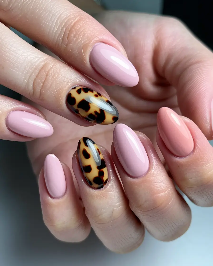 fall almond nails 2025 Leopard Accent Meets Blush Pink