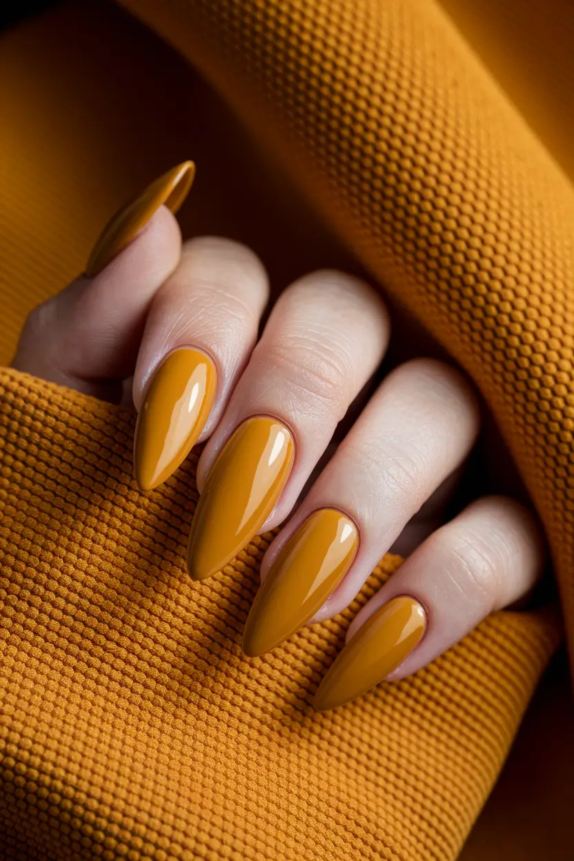 fall almond nails 2025 Golden Mustard Shine