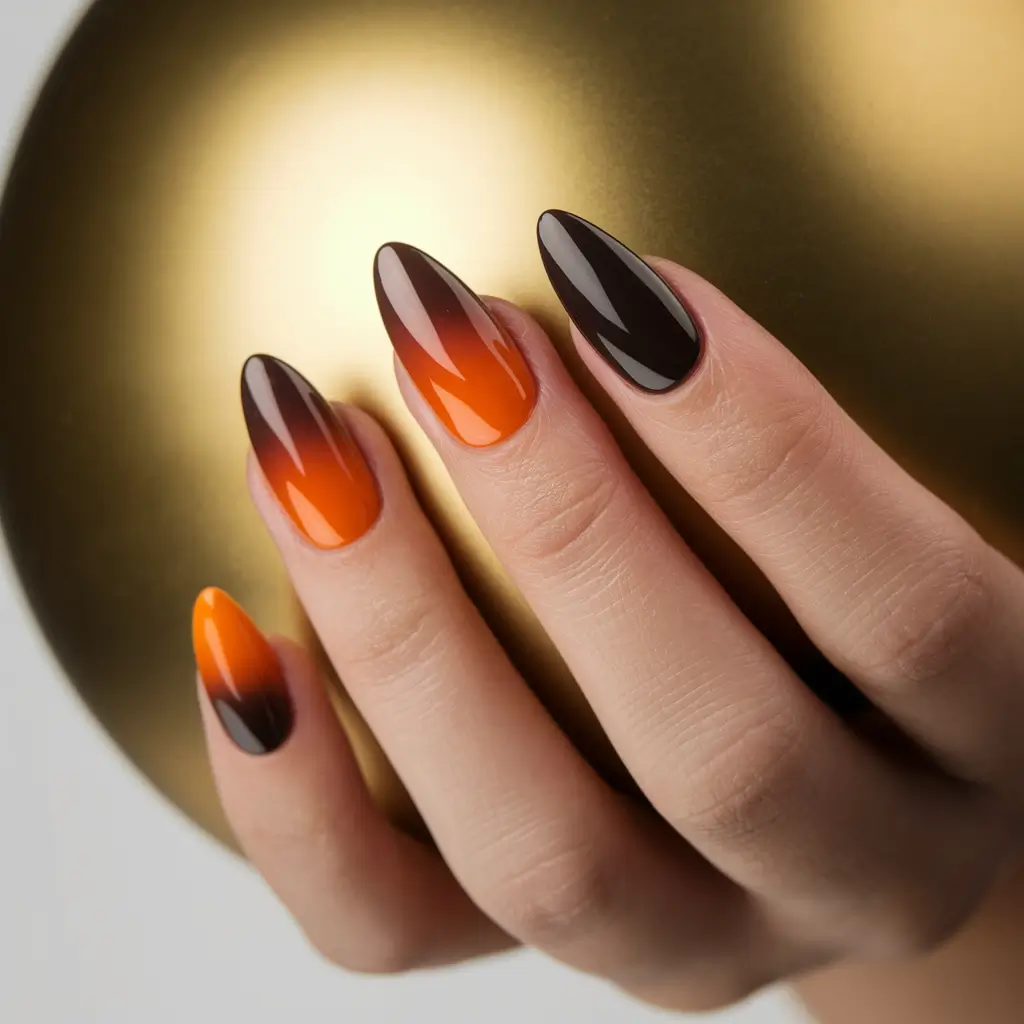 fall almond nails 2025 Amber to Espresso Ombre Flames