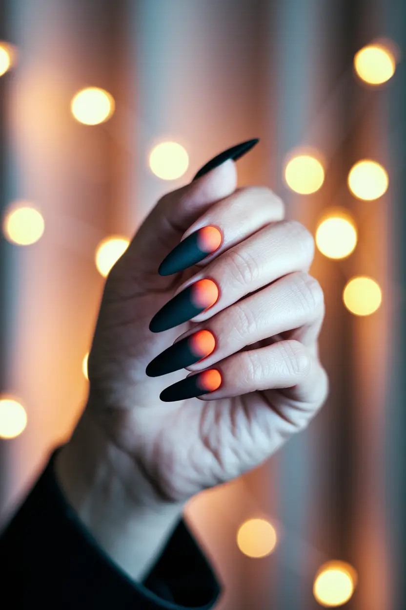 fall almond nails 2025 Matte Midnight with Ember Glow
