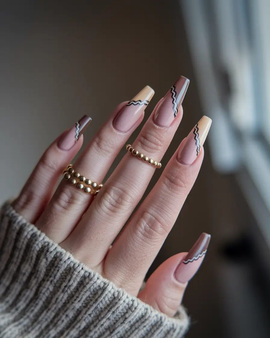 fall ballerina nails 2025 Neutral Waves with a Graphic Edge