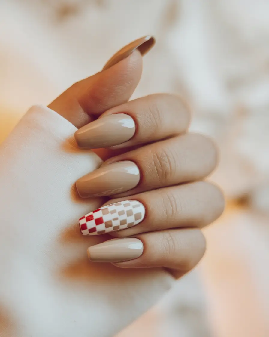 fall ballerina nails 2025 Checkerboard Accent Neutrals