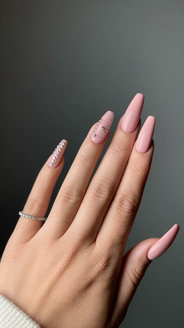 fall ballerina nails 2025 Soft Pink Glam with Rhinestones