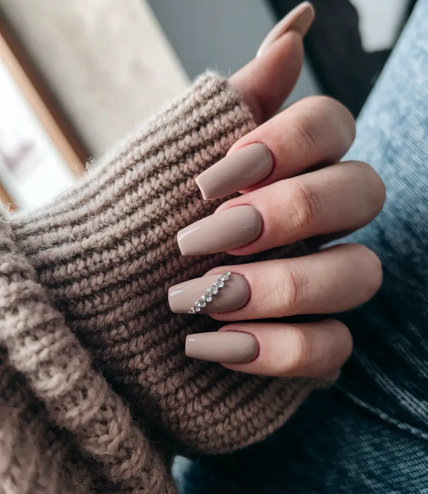 fall ballerina nails 2025 Neutral Glam with Rhinestones