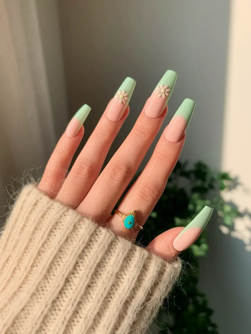 fall ballerina nails 2025 Mint Freshness with Floral Accents