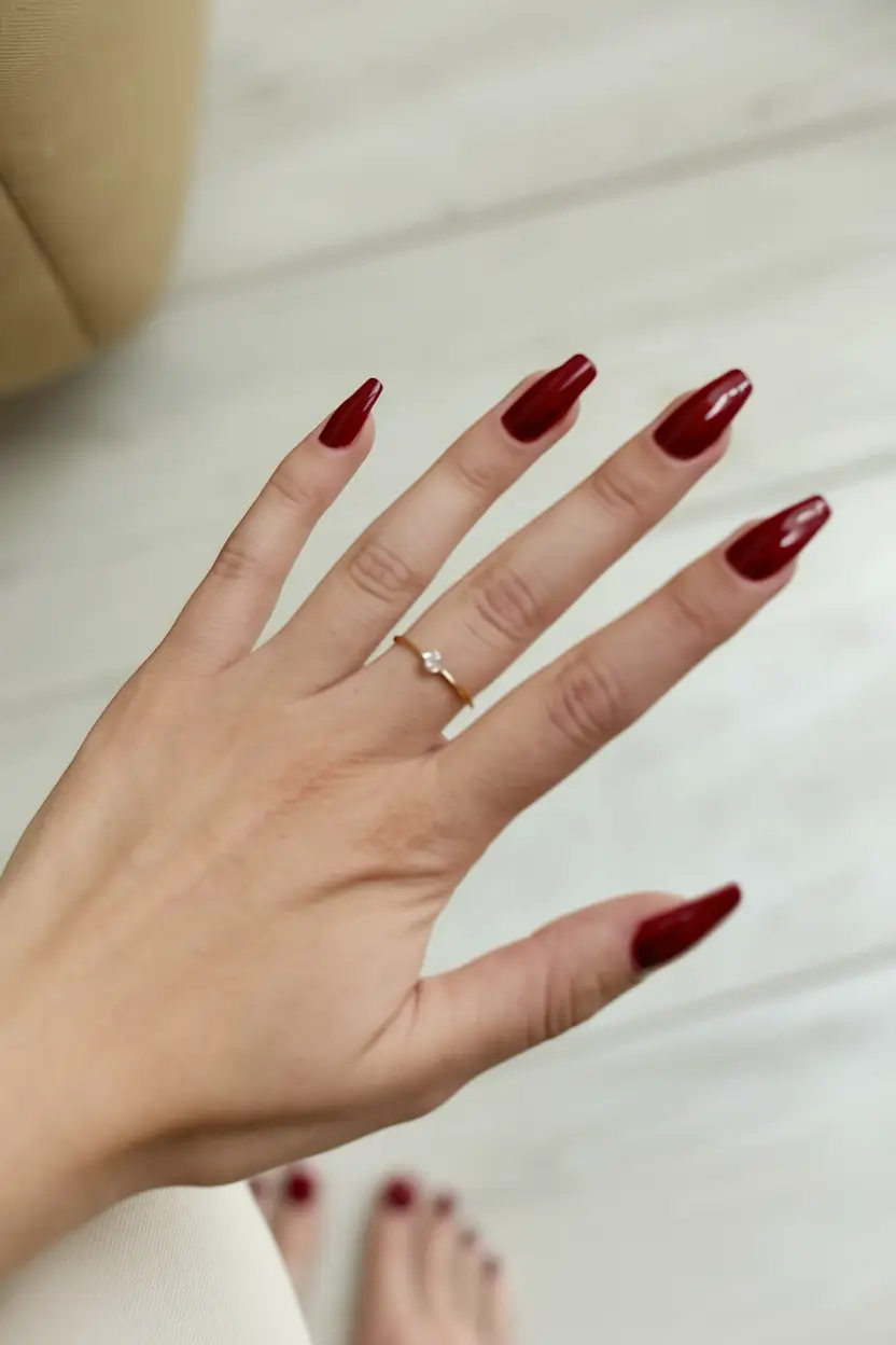 fall ballerina nails 2025 Classic Ruby Confidence