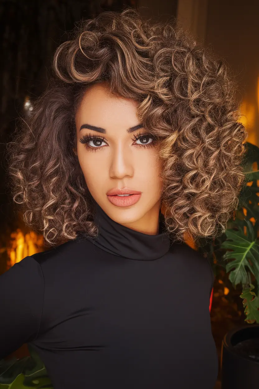 Fall brown hair color ideas 2025 Voluminous Curly Brunette with Honey Highlights