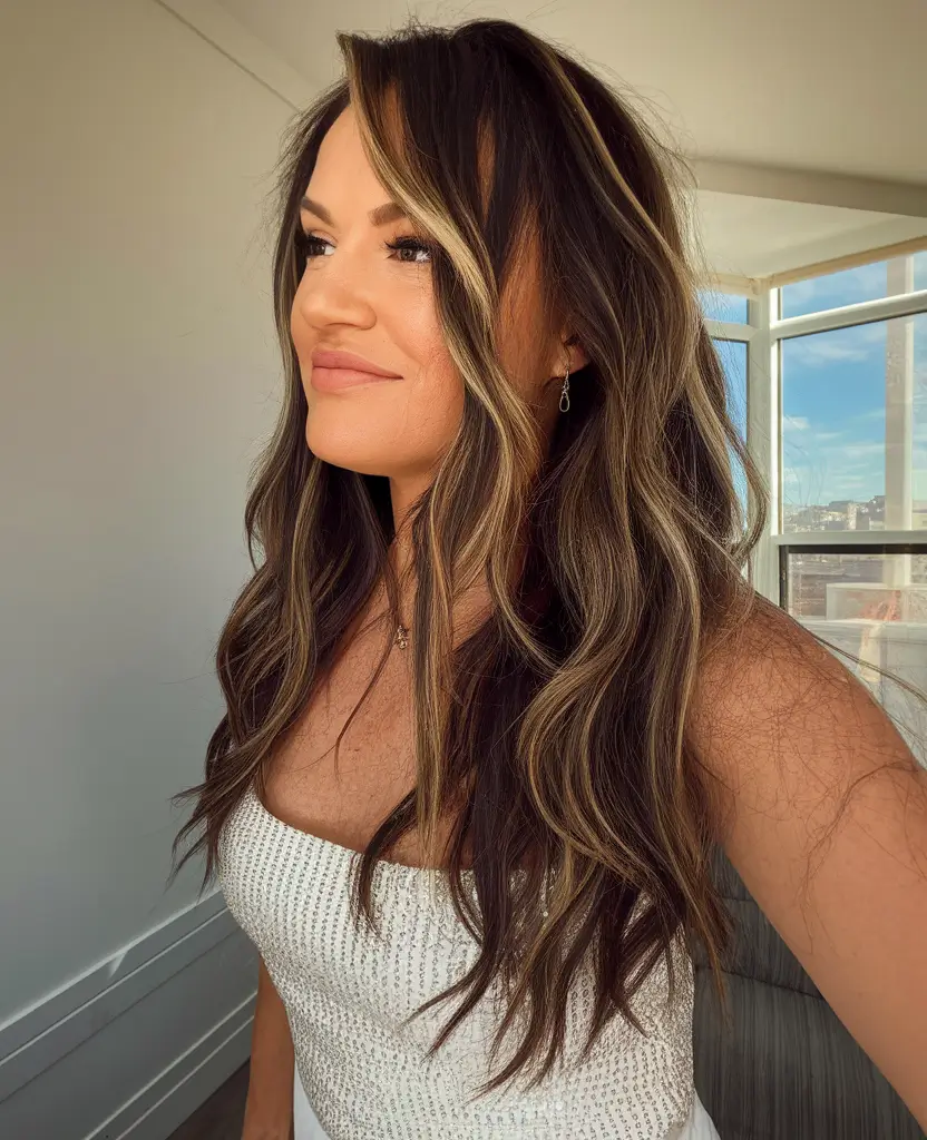 Fall brown hair color ideas 2025 Sunlit Brunette with Highlighted Layers