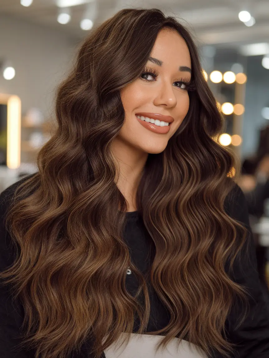 Fall brown hair color ideas 2025 Wavy Chocolate Brown with Subtle Caramel Ribbons