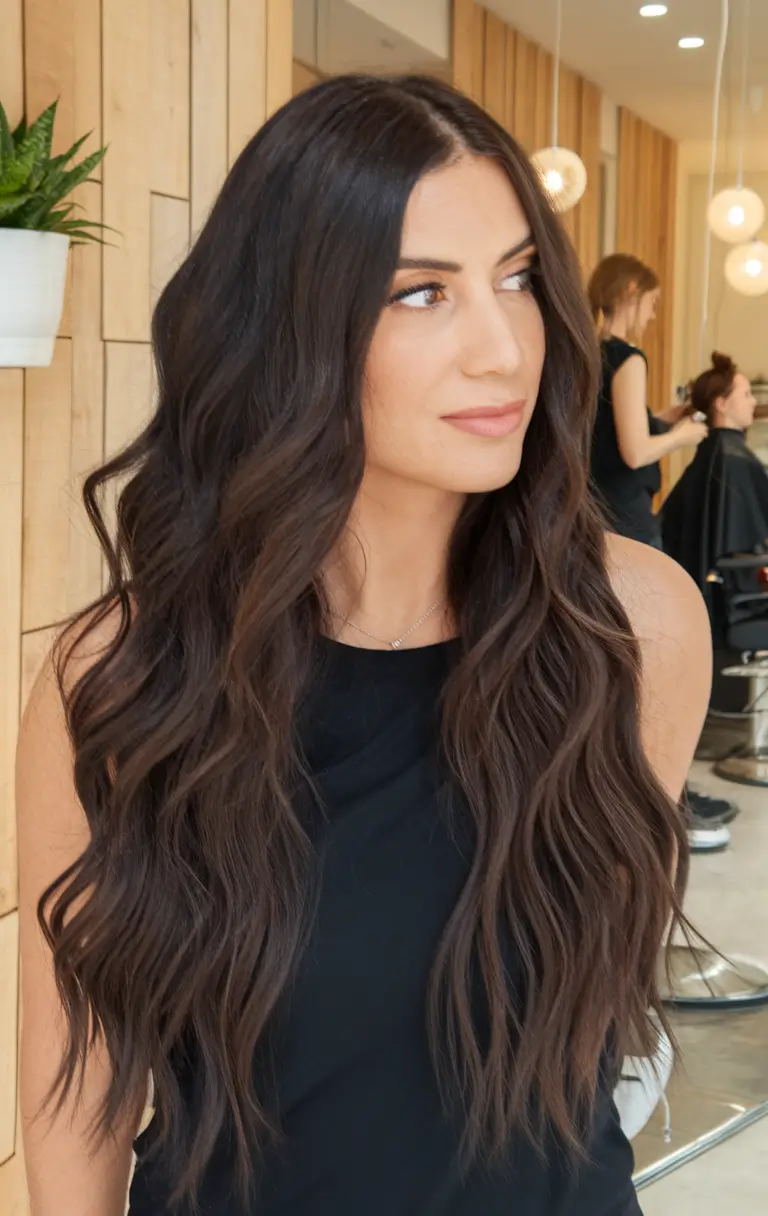 Fall brown hair color ideas 2025 Rich Cocoa Waves for a Polished Finish