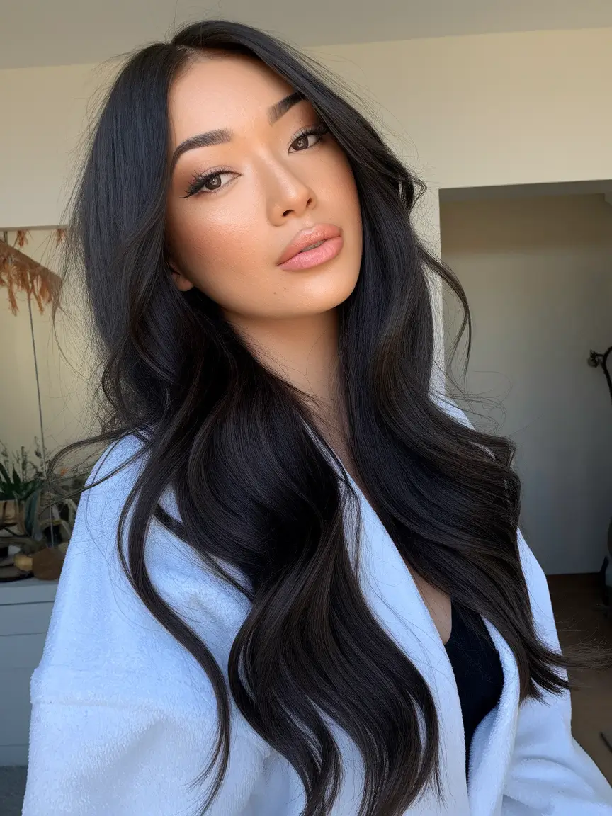 fall brunette hair color 2025 Glossy Soft Layers with Jet-Brown Shine