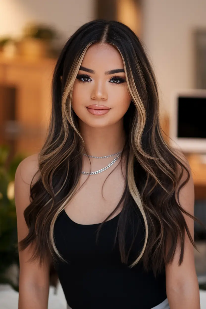 fall brunette hair color 2025 High-Contrast Balayage Money Piece for Maximum Glow