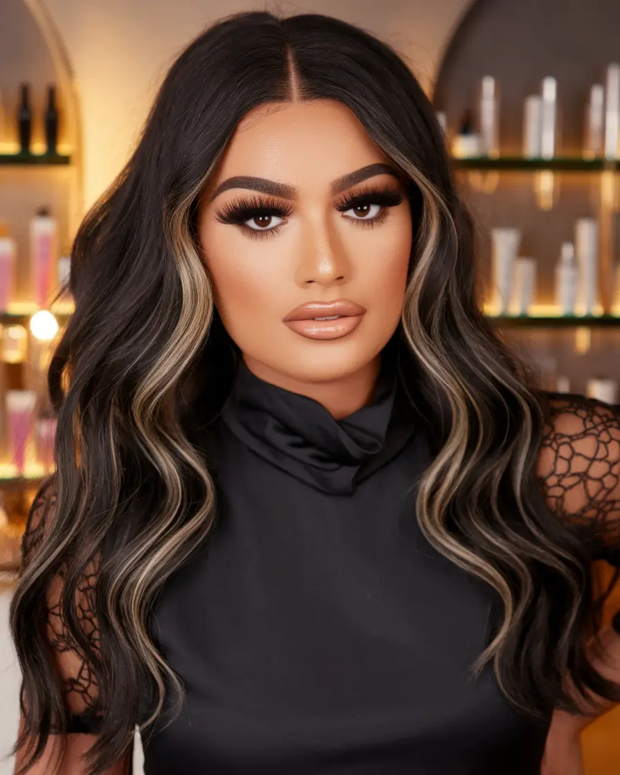 fall brunette hair color 2025 Raven Waves with Blonde Accent Ribbons