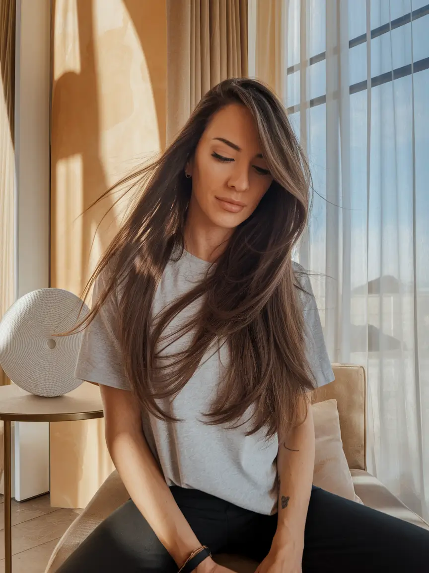 fall brunette hair color dark Airy Movement and Rich Espresso Tones