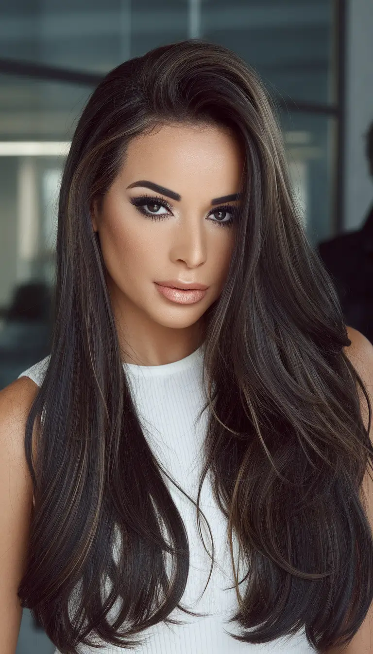 fall brunette hair color balayage long Deep Brunette with Whispered Highlights