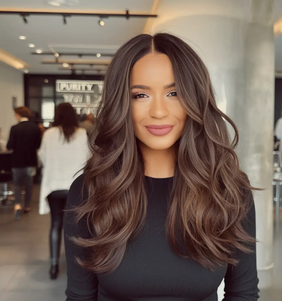 fall brunette hair color 2025 Voluminous Blowout Brunette