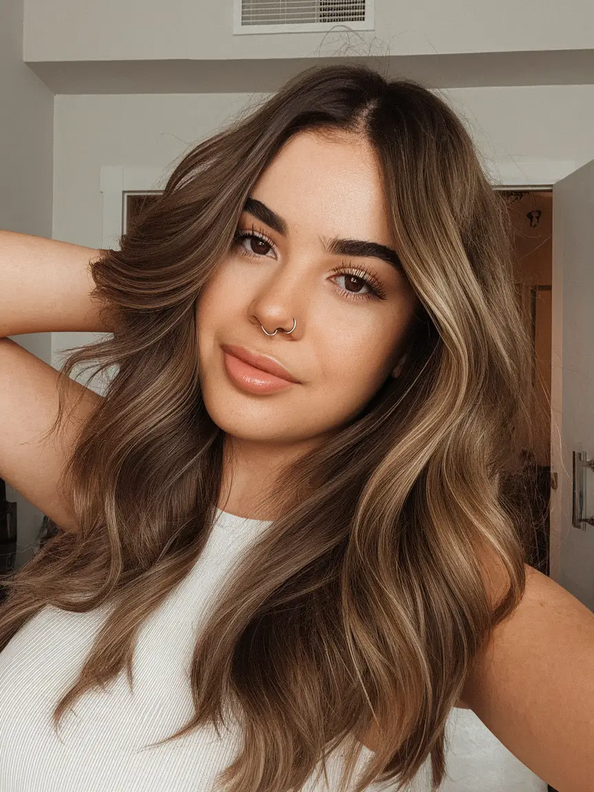 fall brunette hair color 2025 Soft Brunette Waves with Ashy Light Ends
